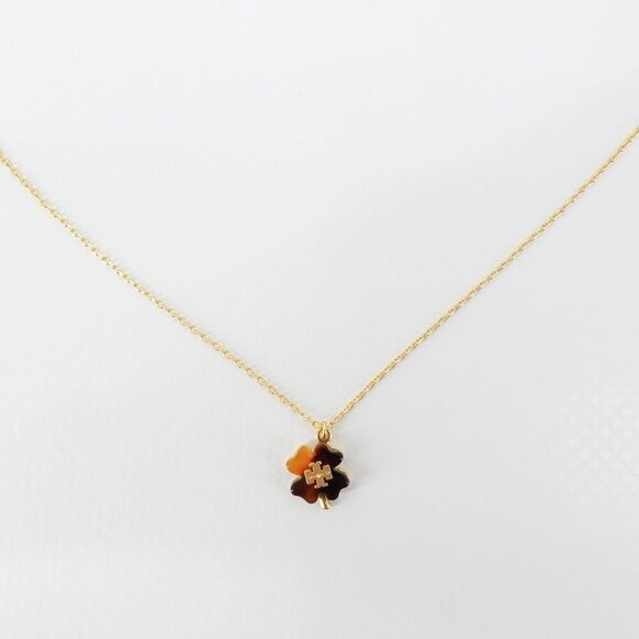 Tory Burch Resin Clover Necklace Tortoise Brown OS - Picture 1 of 12